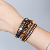 Tiger Eye Big Facted Stone Bead Wrap Bracelet Boho Seed Beads