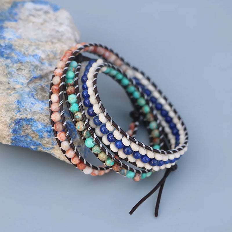 Natural Stone Wrap Bracelet for Women - Handmade Bead Leather Long Bracelet