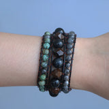 Men Wrap Bracelet Ink Tiger Eye, Bronze Gray Stone & Labradorite Stone Leather