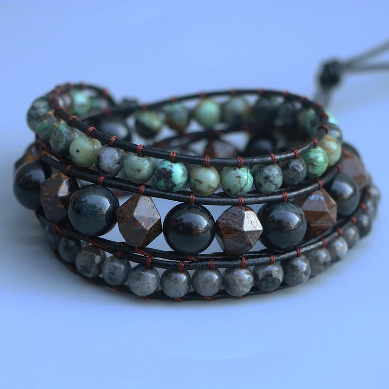 Men Wrap Bracelet Ink Tiger Eye, Bronze Gray Stone & Labradorite Stone Leather