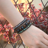 Men Wrap Bracelet Ink Tiger Eye, Bronze Gray Stone & Labradorite Stone Leather