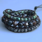 Men Wrap Bracelet Ink Tiger Eye, Bronze Gray Stone & Labradorite Stone Leather