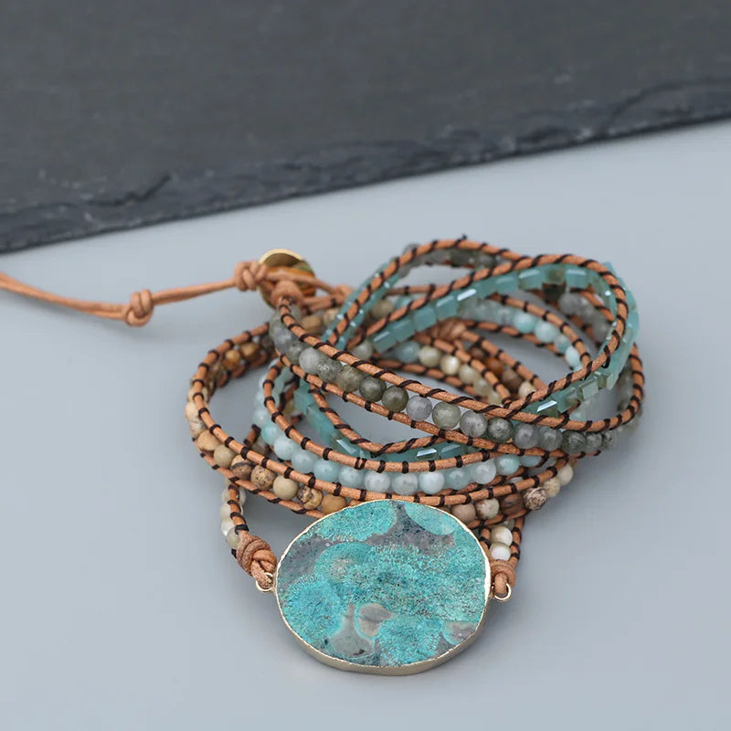 Handwoven 5X Leather Wrap Beaded Bracelet Ocean Amazonite Stone