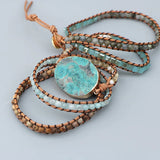 Handwoven 5X Leather Wrap Beaded Bracelet Ocean Amazonite Stone