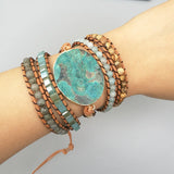 Handwoven 5X Leather Wrap Beaded Bracelet Ocean Amazonite Stone