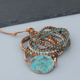 Handwoven 5X Leather Wrap Beaded Bracelet Ocean Amazonite Stone