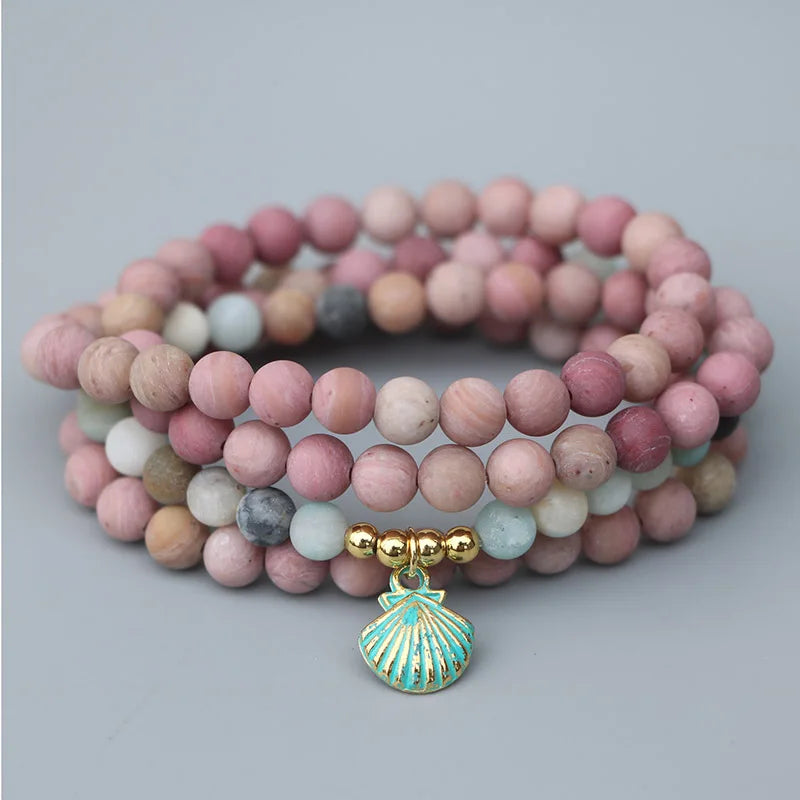 Matte Natural Stone Metal Scallop Bracelet 6MM Beads 108 Stands