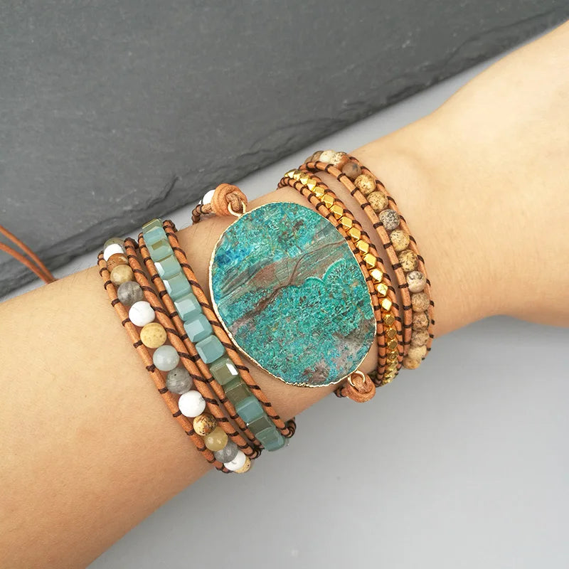 5 Wraps Bracelet Ocean Stone Handwoven Amazonite Leather Boho Jewelry