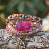 Pink Druzy Stone Boho Leather Wrap Bracelet