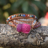 Pink Druzy Stone Boho Leather Wrap Bracelet