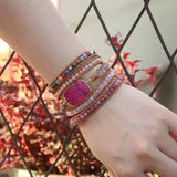 Pink Druzy Stone Boho Leather Wrap Bracelet