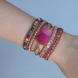 Pink Druzy Stone Boho Leather Wrap Bracelet