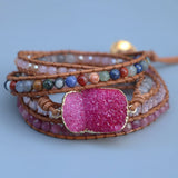 Pink Druzy Stone Boho Leather Wrap Bracelet
