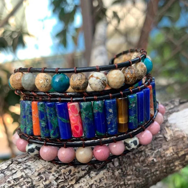 Natural Stone Beads Leather Cuff Bracelet Women