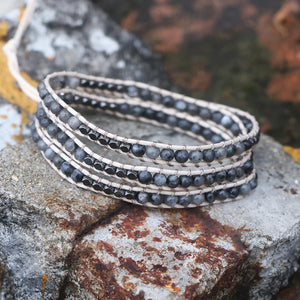 Labradorite Long Bead Bracelet 4MM Wax Rope Couple Jewelry