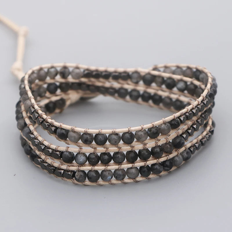 Labradorite Long Bead Bracelet 4MM Wax Rope Couple Jewelry