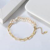 925 Silver Paperclip Chain Pearl Double Strand Bracelet