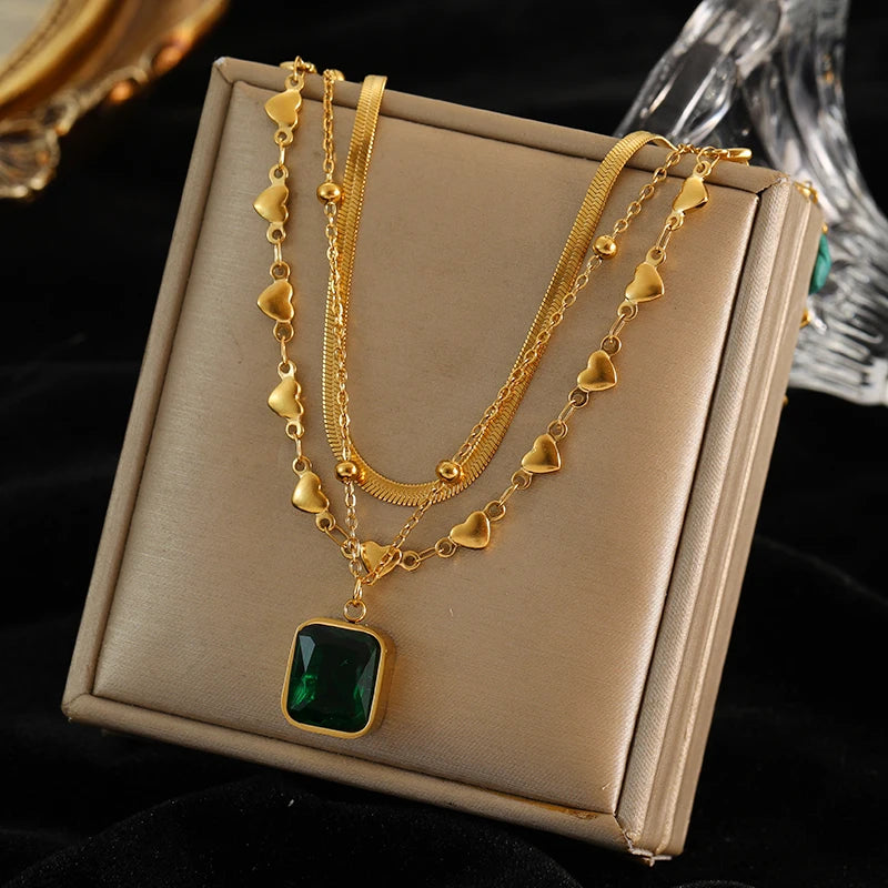 316L Stainless Steel Green Crystal Pendant Necklace For Women