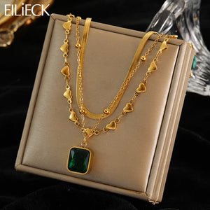 316L Stainless Steel Green Crystal Pendant Necklace For Women