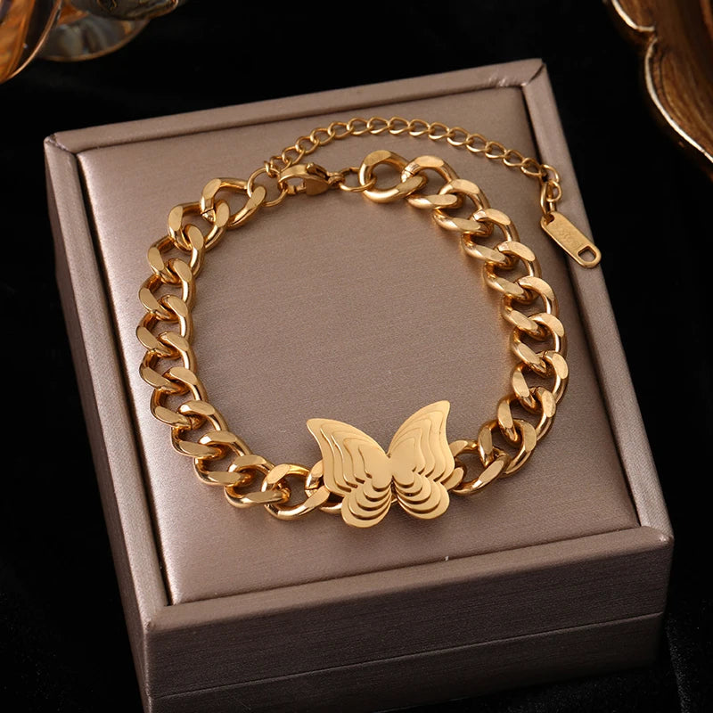 316L Stainless Steel Butterfly Clover Chain Bracelet For Women