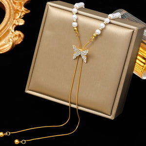 316L Stainless Steel Butterfly Pearl Long Pendant Necklace For Women