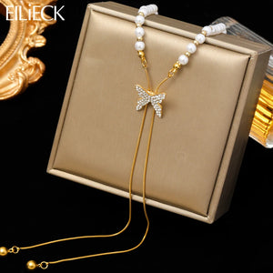 316L Stainless Steel Butterfly Pearl Long Pendant Necklace For Women