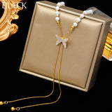 316L Stainless Steel Butterfly Pearl Long Pendant Necklace For Women