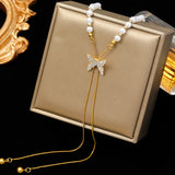 316L Stainless Steel Butterfly Pearl Long Pendant Necklace For Women