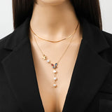 Colorful Butterfly Pearls Pendant Necklace For Women Girl 2 Layers