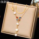 Colorful Butterfly Pearls Pendant Necklace For Women Girl 2 Layers