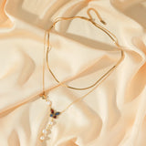 Colorful Butterfly Pearls Pendant Necklace For Women Girl 2 Layers