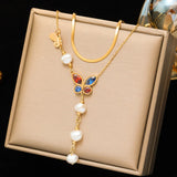 Colorful Butterfly Pearls Pendant Necklace For Women Girl 2 Layers