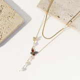 Colorful Butterfly Pearls Pendant Necklace For Women Girl 2 Layers