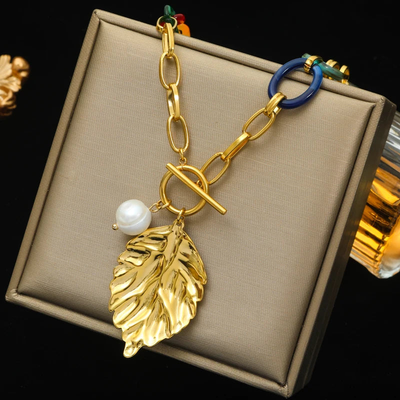 316L Stainless Steel Large Leaves Pendant Necklace for Women