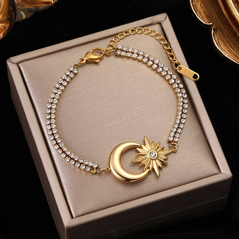 316L Stainless Steel Moon Charm Bracelet With Zircon Crystal
