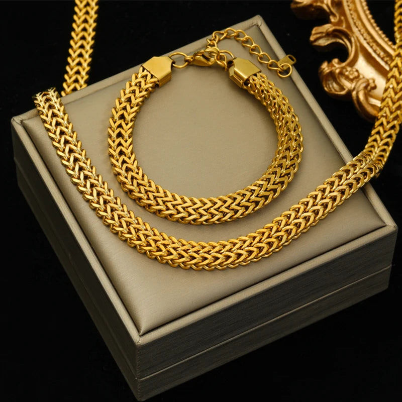 316L Stainless Steel Thick Chain Choker Necklace Bracelet Set for Women