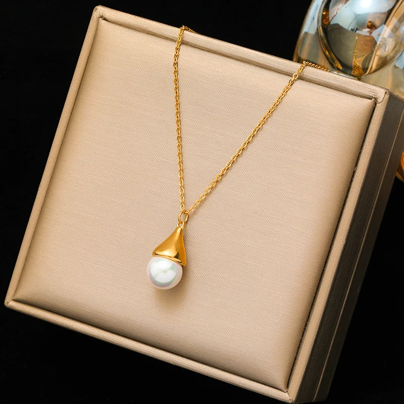 316L Stainless Steel Coin Pearl Necklace For Women Waterproof