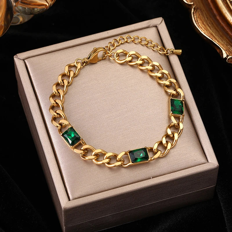 316L Stainless Steel Green Crystal Charm Bangles Bracelet For Women Girl