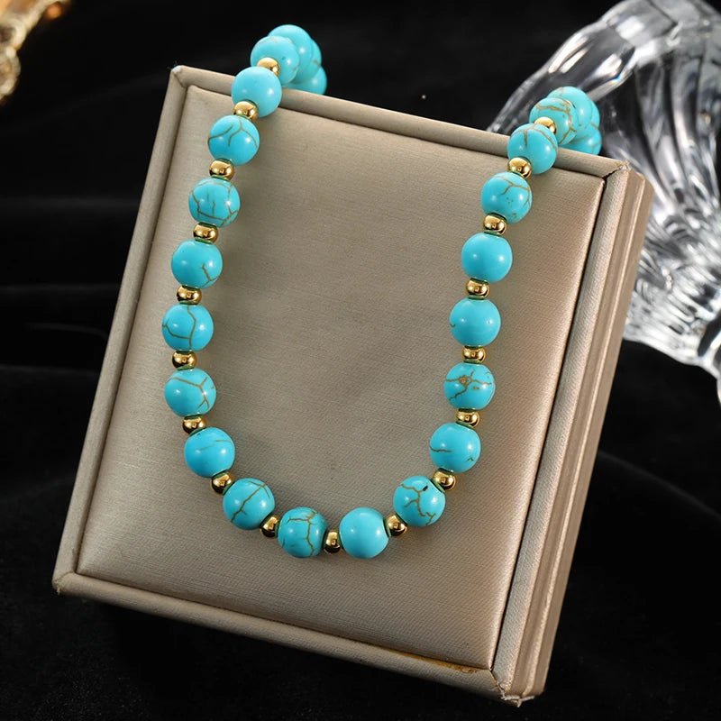316L Stainless Steel Green Stone Bead Necklace for Women
