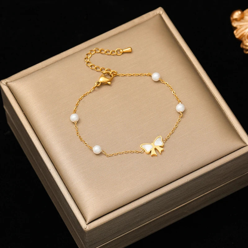 316L Stainless Steel Heart Butterfly Pearl Bracelet Bangles For Women Girl