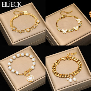 316L Stainless Steel Heart Butterfly Pearl Bracelet Bangles For Women Girl