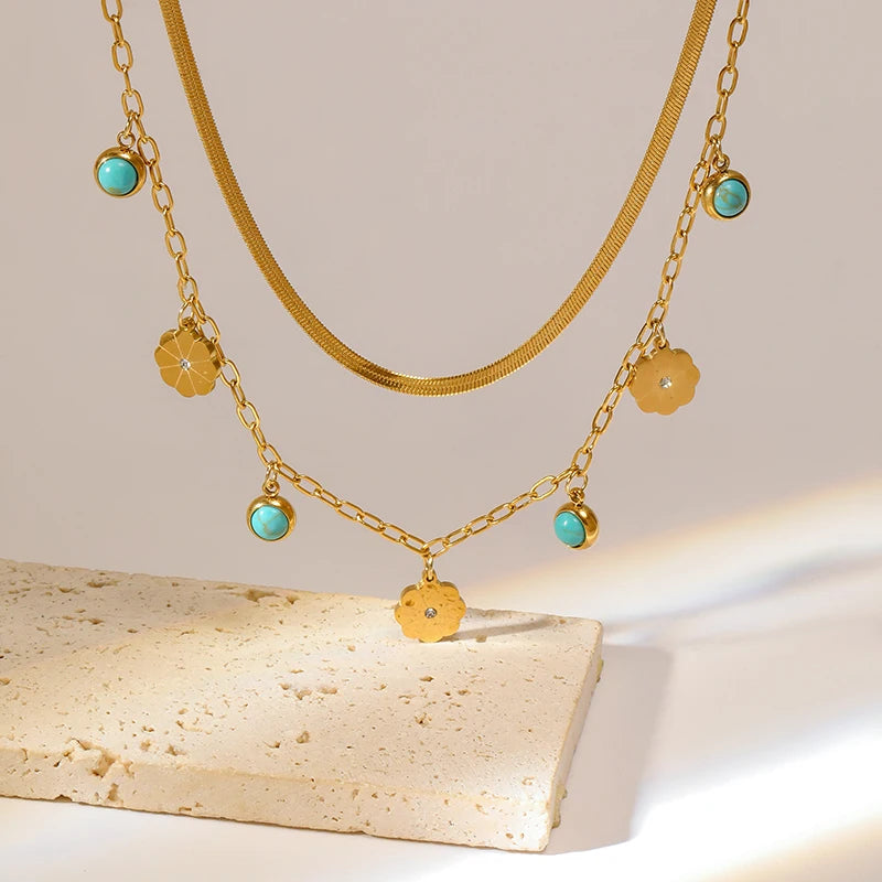 316L Stainless Steel Green Stone Pendant Multilayer Choker Necklace