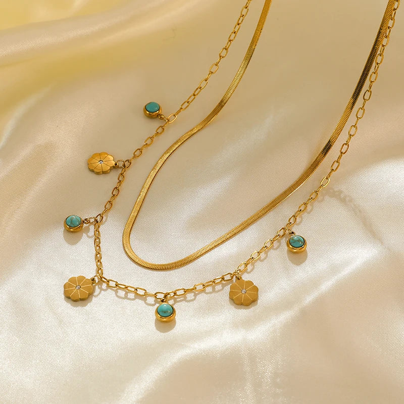 316L Stainless Steel Green Stone Pendant Multilayer Choker Necklace