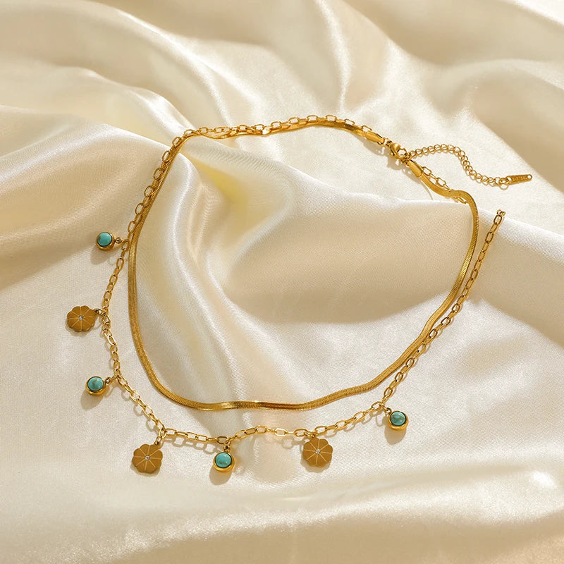 316L Stainless Steel Green Stone Pendant Multilayer Choker Necklace