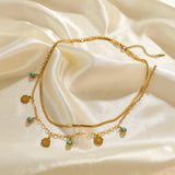 316L Stainless Steel Green Stone Pendant Multilayer Choker Necklace