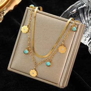 316L Stainless Steel Green Stone Pendant Multilayer Choker Necklace