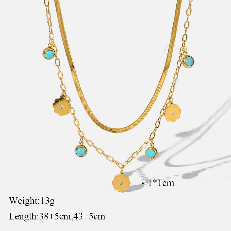 316L Stainless Steel Green Stone Pendant Multilayer Choker Necklace
