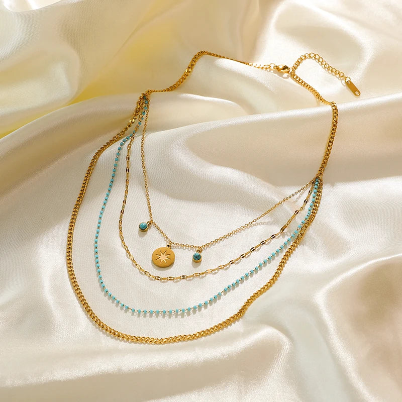 316L Stainless Steel Green Stone Pendant Multilayer Choker Necklace