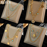 316L Stainless Steel Green Stone Pendant Multilayer Choker Necklace
