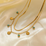 316L Stainless Steel Green Stone Pendant Multilayer Choker Necklace